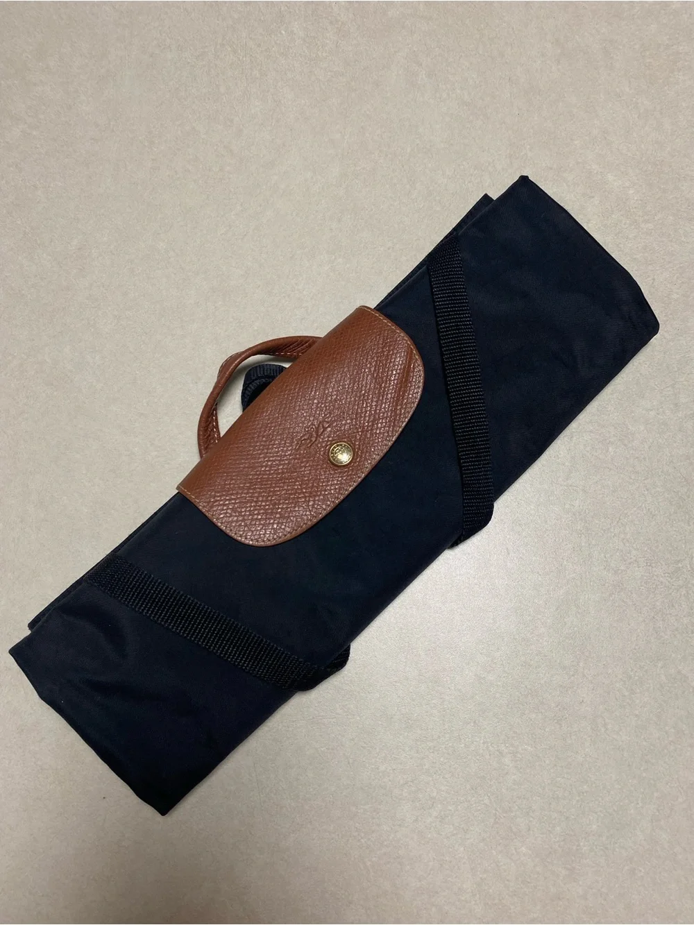 Longchamp Le Pliage Drawstring backpack Black Tan Leather 2 Way Folding NAM LIG